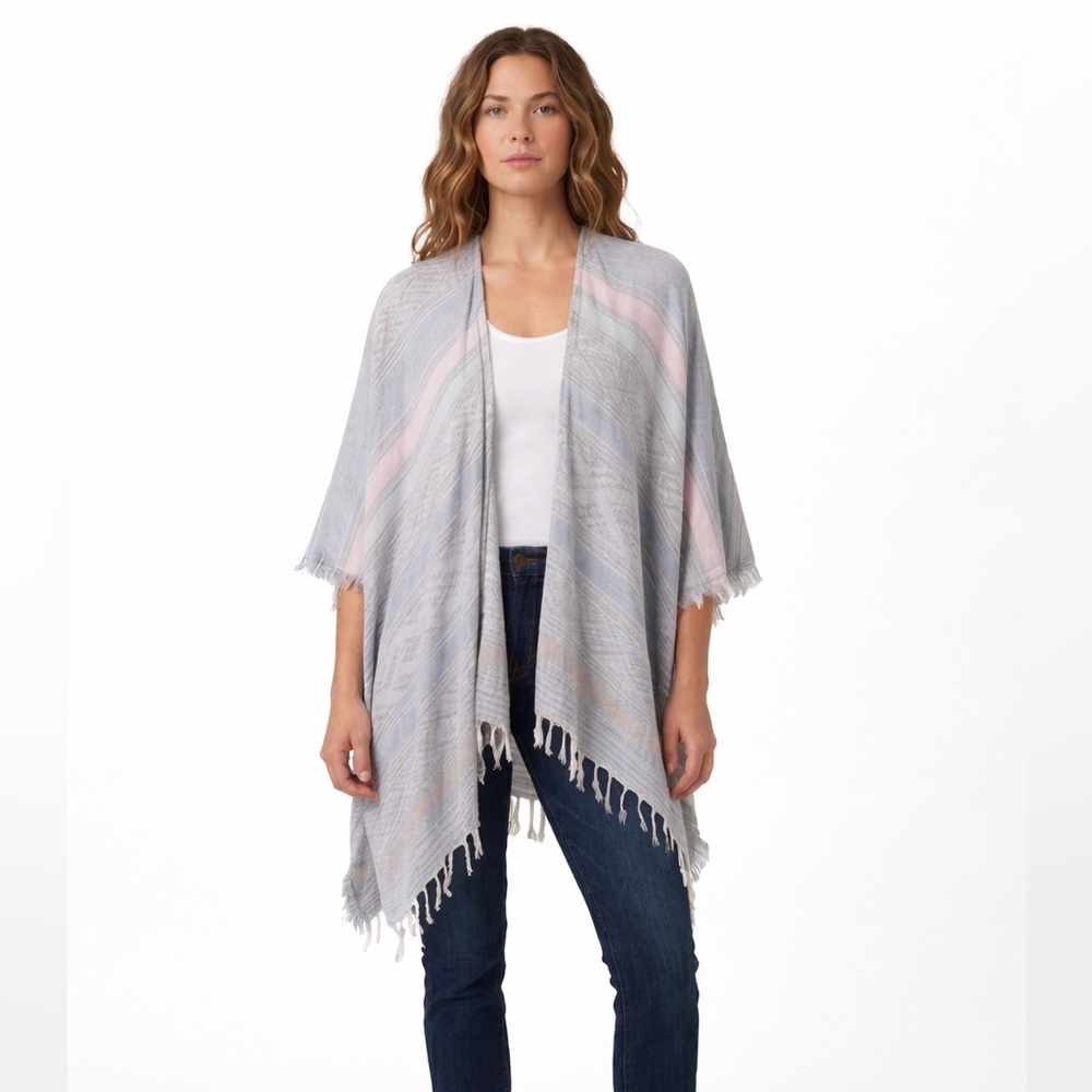 Anthropologie Shawl Wrap‎ Women’s OS Blue Boho Kimono Open Front Fringe